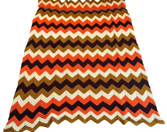 Vtg Crochet Afghan Blanket Zig Zag Chevron Orange Brown Cream Cottagecore Hippie
