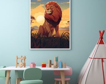 May include: A framed illustration of a lion sitting in a grassy field with a sunset in the background. The lion is looking to the left and has a large mane. The illustration is in a white frame.