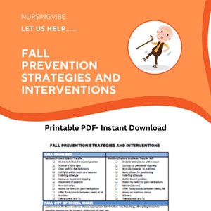 May include: A printable checklist with fall prevention strategies and interventions for residents in a healthcare setting. The checklist includes sections for fall from bed, fall out of a wheelchair, and falls with cognitively impaired residents.
