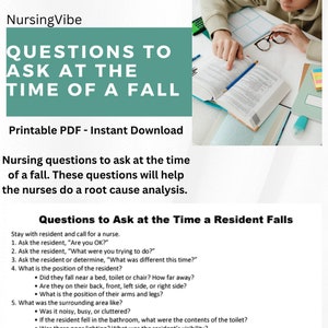 Könnte beinhalten: Ein druckbares PDF-Dokument mit einer grünen Titelleiste, auf der "Fragen, die im Falle eines Sturzes zu stellen sind" steht. Das Dokument enthält eine Liste von Fragen, die einer Krankenschwester gestellt werden sollten, wenn ein Bewohner stürzt. Die Fragen sollen Krankenschwestern bei der Durchführung einer Ursachenanalyse helfen.