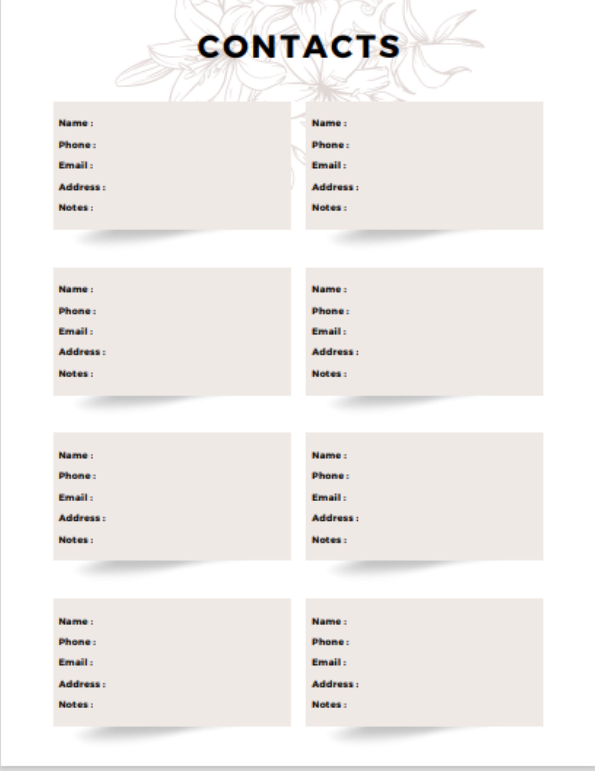 Address On Contacts Example Editable Contacts List, Fillable Address Book, Contacts Organizer ...