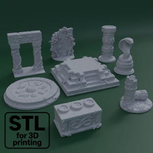 Può includere: Una collezione di modelli bianchi stampati in 3D di antiche rovine, tra cui un ingresso del tempio, una piattaforma a gradini, una base rotonda, una colonna, una statua di cobra e una cassa. Il testo "STL for 3D printing" è visibile.