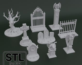 May include: A selection of white 3D-printed miniature cemetery decorations, including a tree, cross, gate, angel statues, and tombstones. The text "STL for 3D printing" is visible in the lower left corner. These items are designed for crafting or model making.