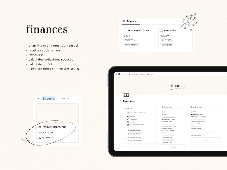 Business Planner : modèle Notion pour les freelances et micro-entreprises en français Finances, social media, gestion de projets image 3