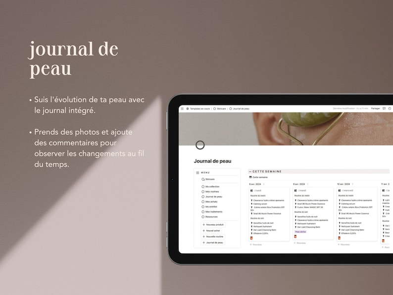 Carnet Skincare : modèle Notion en français dédié à ta peau Collection de produits, routines, journal de peau, suivi de traitements... image 4