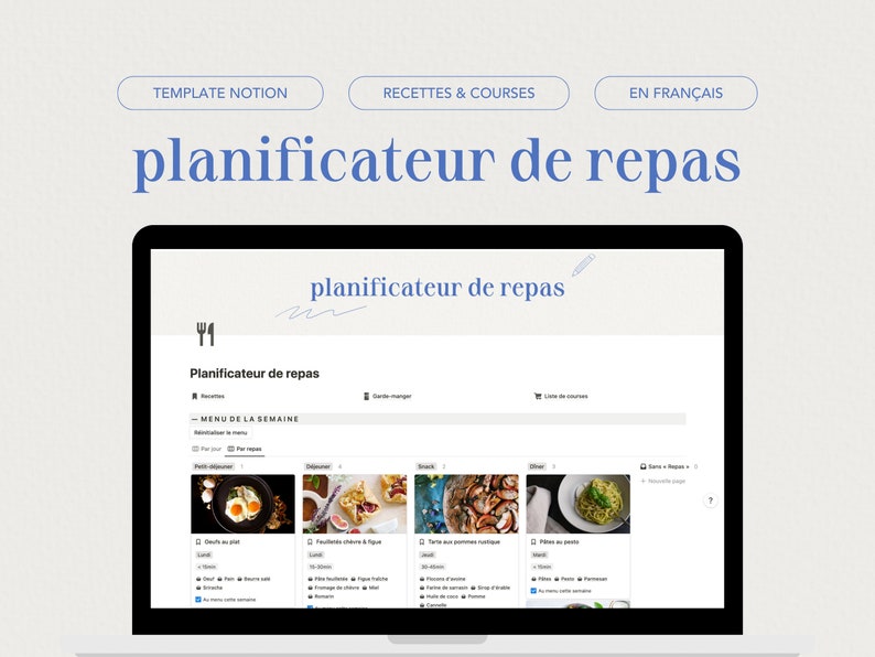 Planificateur de repas : modèle Notion en français Livre de recettes, menu de la semaine et liste de courses image 2