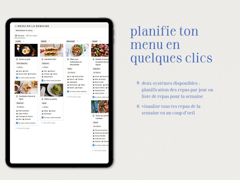 Planificateur de repas : modèle Notion en français Livre de recettes, menu de la semaine et liste de courses image 4