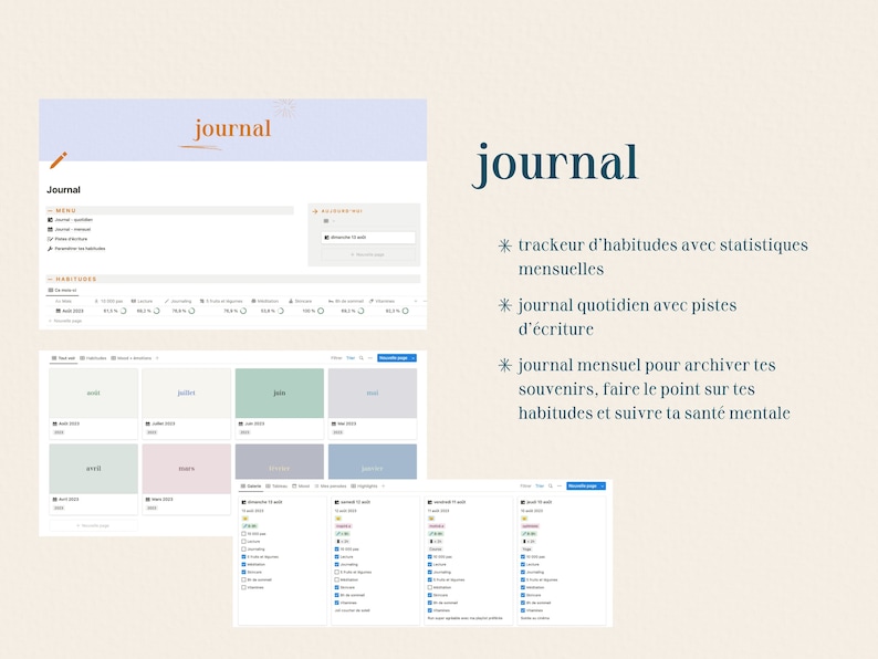 Life Planner: Notion model in French to organize your personal and professional life To do, projects, journal, meal planner, library image 4