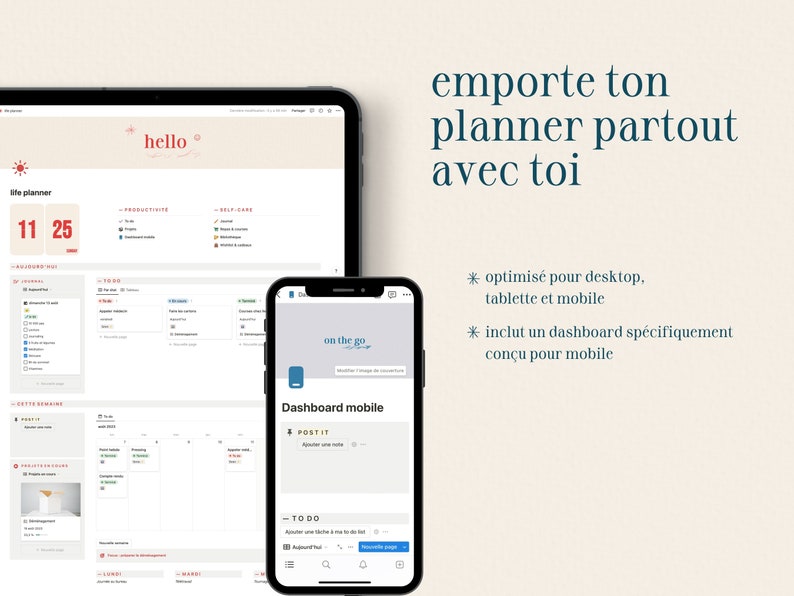 Life Planner : modèle Notion en français pour organiser sa vie perso et pro To do, projets, journal, planificateur de repas, bibliothèque image 2