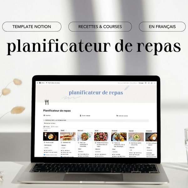 Planificador de comidas: modelo Notion en francés - Libro de recetas, menú semanal y lista de la compra