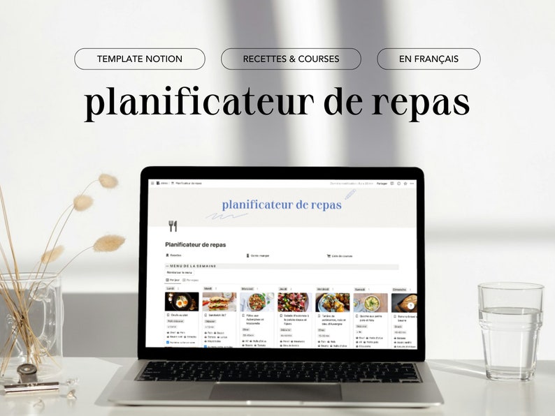 Planificateur de repas : modèle Notion en français Livre de recettes, menu de la semaine et liste de courses 画像 1