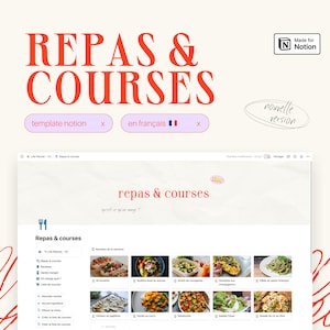 Planificateur de repas : modèle Notion en français - Livre de recettes, menu de la semaine et liste de courses