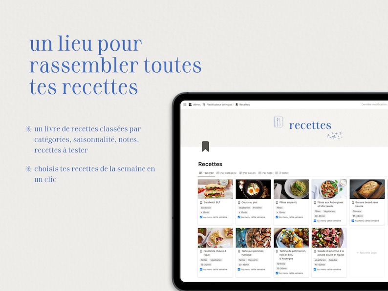 Planificateur de repas : modèle Notion en français Livre de recettes, menu de la semaine et liste de courses 画像 3