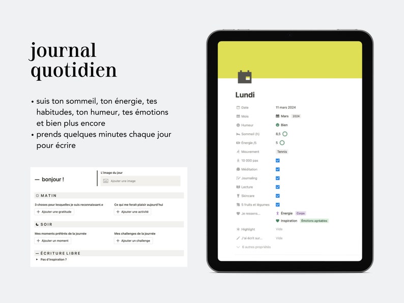 Le journal : modèle Notion en français pour prendre soin de toi et de ta santé mentale image 3