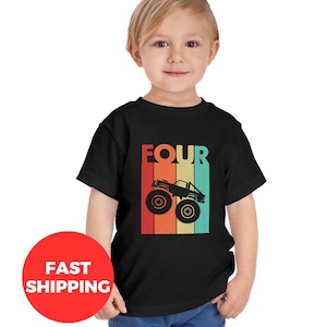 May include: Black t-shirt with a vintage-style graphic of a monster truck and the word "FOUR" in rainbow colors.