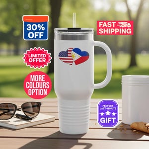 USA Philippines Flags Tumbler, Heart Shaped, Patriotic Gift, Filipino American Pride, Dual Citizenship, Travel Souvenir, US and Philippines