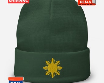 Berretto ricamato con design filippino, berretto con design filippino, cappello invernale filippino, logo sole giallo, cappello orgoglio filippino, eredità filippina