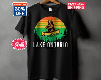 Vintage Lake Ontario T-Shirt, Retro Bear Canoe Graphic Tee, Outdoorsy Camping Shirt, Great Lakes Vacation Souvenir Gift for Hiker