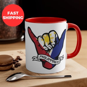 Shaka Hand Sign Philippines Flag Accent Coffee Mug, 11oz, Filipino Design Mug, Filipino Gift, Filipino Abroad Gift, Philippines Design Mug
