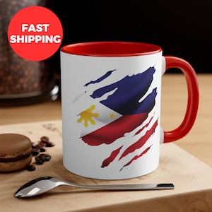 Personalized Philippines Accent Coffee Mug, 11oz, Ripped Philippines Flag Mug, Filipino Mom Gift, Custom Philippine Mug, Mothers Day Gift