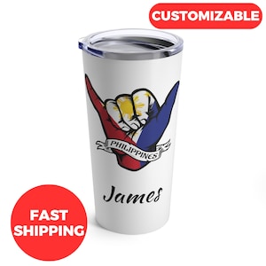 Personalized Philippines Tumbler 20oz, Custom Filipino Tumbler, Shaka Hand Philippines Flag Tumbler, Filipino Gift, Personalized Dad Gift