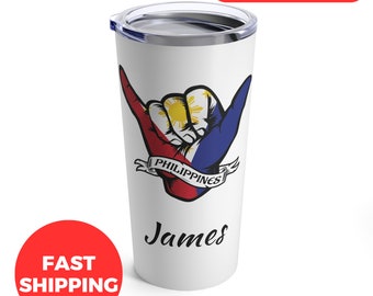 Personalized Philippines Tumbler 20oz, Custom Filipino Tumbler, Shaka Hand Philippines Flag Tumbler, Filipino Gift, Personalized Dad Gift