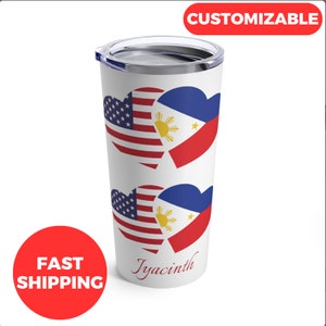 Personalized Philippines American Flag Tumbler 20oz, Custom Filipino American Tumbler, Philippines and USA Flag Tumbler, Filipino Gifts