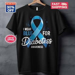 T-Shirt zur Aufklärung über Diabetes, „Ich trage Blau für Diabetes“-Shirt, T-Shirt mit Schleife zur Unterstützung von Typ-1- und Typ-2-Diabetikern, Geschenk für alle, die am Diabetes-Monat teilnehmen