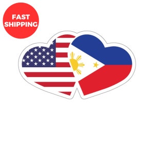 May include: Two hearts joined together, one with the American flag and the other with the Philippine flag. The hearts are red, white, and blue.