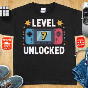 Kids Birthday Shirt, Level 7 Unlocked T-Shirts, Seventh Birthday Tee, Kids Birthday Shirt, Custom Birthday Shirt, Video Gamer Birthday Gift