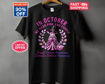 In October We Wear Pink and Purple T-Shirt, Breast Cancer Awareness Halloween Shirt, Domestic Violence Awareness Ghost Witch Tee, Spooky