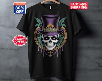 Mardi Gras Skull Shirt 2026, Voodoo Skeleton Tee, New Orleans Top Hat Graphic, Purple and Gold Beads, Festive Party Outfit, Unisex Shirt
