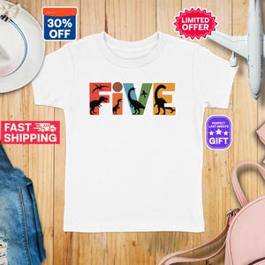 Kids Birthday Shirt, Dinosaur 5th Birthday T-Shirts, Kids Birthday Shirt, Custom Birthday Shirt, Age Five Dino Tee, Fifth Birthday T-Shirt