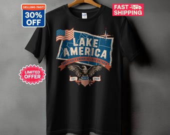 Lake America T-Shirt Funny Patriotic Shirt Vintage USA Eagle Graphic Tee Retro Americana Map Joke Top 4th of July Gift for Him