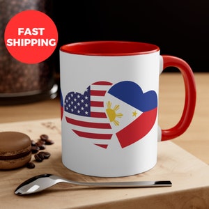 Personalized Heart Philippines American Flag Accent Coffee Mug, Custom Filipino Design Mug, Filipino Gift, Custom Filipino American Mug