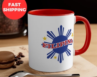 Tazza filippina personalizzata, tazza filippina personalizzata, sole blu con tazza da caffè filippina a tre stelle, 11 once, regalo mamma filippina, regalo per lei