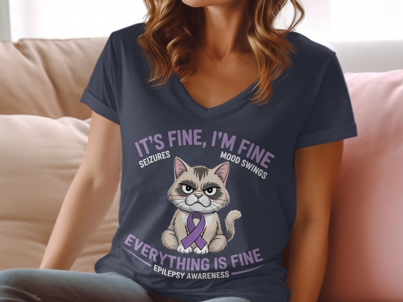 It's Fine I'm Fine Seizures Mood Swings Everything Is Fine Epilepsy Awareness Cat Shirt, Cute Funny Cat Graphic Tee