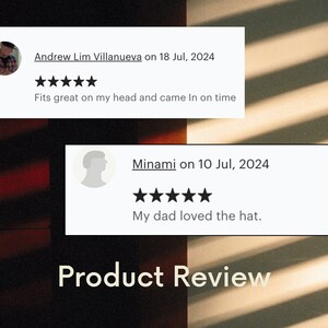 Pu&ograve; includere: Due recensioni di prodotti con una valutazione a cinque stelle. La prima recensione dice "Fits great on my head and came in on time." La seconda recensione dice "My dad loved the hat."
