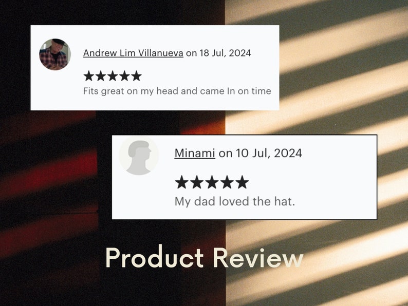 Pu&ograve; includere: Due recensioni di prodotti con una valutazione a cinque stelle. La prima recensione dice "Fits great on my head and came in on time." La seconda recensione dice "My dad loved the hat."