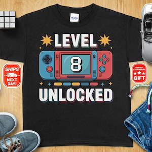 Kinder Geburtstag Shirt, Level 8 Freigeschaltet T-Shirts, Geburtstagskind T-Shirts, Kinder Geburtstag Shirt, Benutzerdefinierte Geburtstag Shirt, Gamer Geburtstag T-Shirts