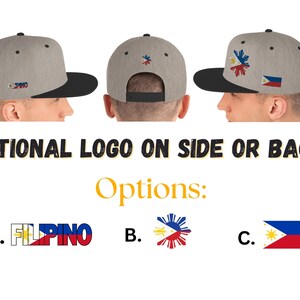 Pu&ograve; includere: Un cappello da baseball grigio con visiera nera. Il cappello ha un logo opzionale sul lato o sul retro. Le opzioni del logo sono: "FILIPINO" con una bandiera filippina, una bandiera filippina con un sole e stelle, e una bandiera filippina con un sole, stelle e una striscia blu.