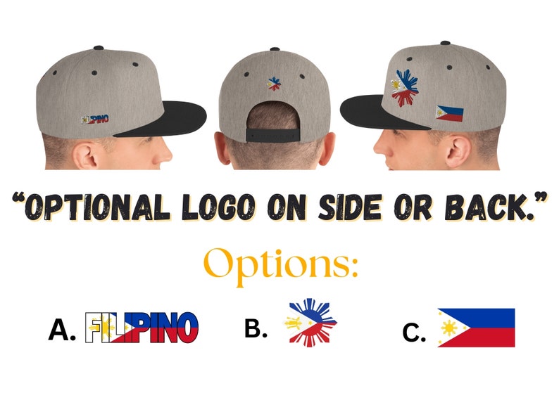 Pu&ograve; includere: Un cappello da baseball grigio con visiera nera. Il cappello ha un logo opzionale sul lato o sul retro. Le opzioni del logo sono: "FILIPINO" con una bandiera filippina, una bandiera filippina con un sole e stelle, e una bandiera filippina con un sole, stelle e una striscia blu.
