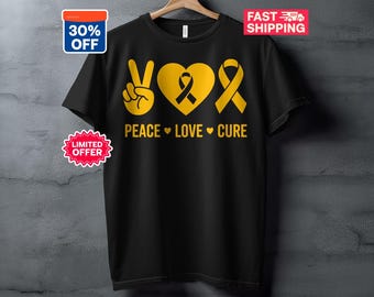 Childhood Cancer Awareness T-Shirt 2025, Cancer Awareness V-Neck T-Shirt, Peace Love Cure Ribbon Tee, 2025 Cancer Support, Gold Ribbon Shirt