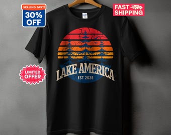 Vintage Lake America T-Shirt, Retro Sunset Pine Tree Cabin Tee, Distressed Outdoor Camping Shirt, Nature Lover Adventure Gift for Him or Her