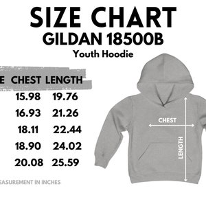 Peut inclure: Tableau des tailles pour les sweats &agrave; capuche pour enfants Gildan 18500B. Le tableau indique les mesures de la poitrine et de la longueur en pouces pour les tailles XS, S, M, L et XL.