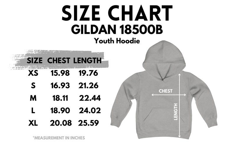 Peut inclure: Tableau des tailles pour les sweats &agrave; capuche pour enfants Gildan 18500B. Le tableau indique les mesures de la poitrine et de la longueur en pouces pour les tailles XS, S, M, L et XL.