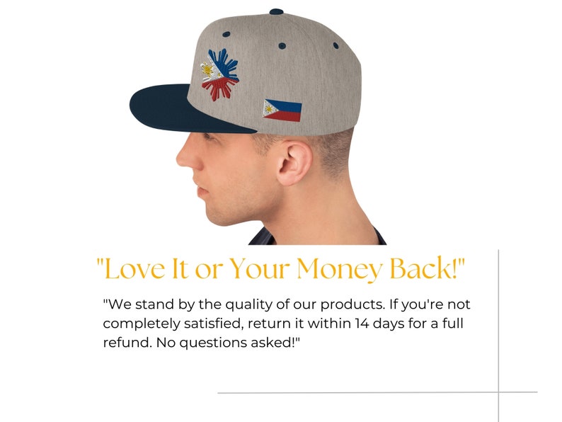 Pu&ograve; includere: Un cappello da baseball grigio e blu scuro con una bandiera filippina ricamata bianca e rossa sul davanti. Il testo "Love It or Your Money Back!" &egrave; visualizzato sotto l'immagine. Il testo "We stand by the quality of our products. If you're not completely satisfied, return it within 14 days for a full refund. No questions asked!" &egrave; visualizzato sotto il testo.
