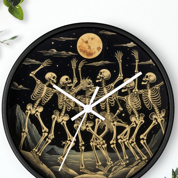 Skelletons moon dance Halloween Wall Clock, time vintage design retro style, halloween wall decor, timekeeping moonlight dance under stars