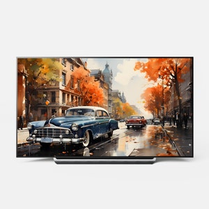 Samsung Frame TV Art, Retro car in the New York city, Watercolor Vintage Wall Art, Midcentury Wall Art, Fall Season, Digital Download