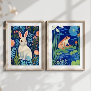 Der Frosch Frosch Wand 2er Set, Retro Blumen Dekor, Vintage Tier Wandbild, Wildblumen Druck, Reserviert für Babyzimmer